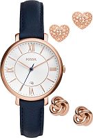 Fossil Jacqueline Three-Hand Date Blue Leather Watch and Earrings Box Set ES4140SET фото